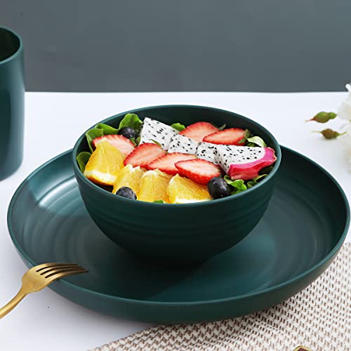 Kyraton Plastic Dinnerware Set of 16 Pieces, Unbreakable and Reusable Light Weight Plates Mugs Bowls Dishes Easy to Carry and Clean Microwave Safe BPA Free Dishwasher Safe Service for 4 (Dark Green)