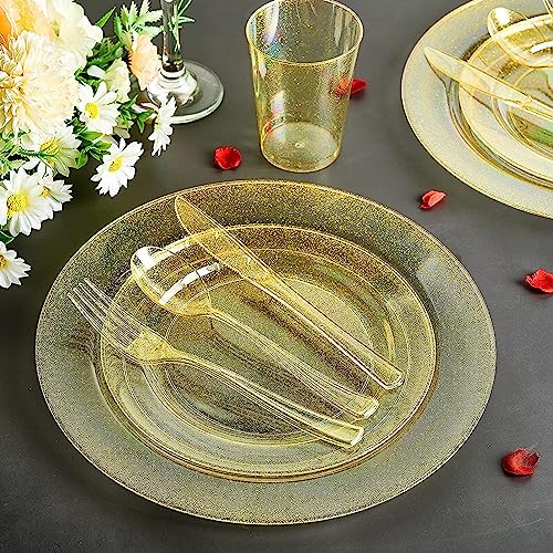 LATERN 150Pcs Multi-Use Gold Glitter Dinnerware Set, 25Pcs Resuable Dinner Plates, 25Pcs Salad Plates, 25Pcs Knives, 25Pcs Mini Forks, 25Pcs Spoons, 25Pcs Cups for Wedding Anniversary Garden Party