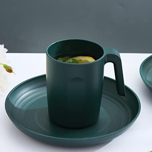 Kyraton Plastic Dinnerware Set of 16 Pieces, Unbreakable and Reusable Light Weight Plates Mugs Bowls Dishes Easy to Carry and Clean Microwave Safe BPA Free Dishwasher Safe Service for 4 (Dark Green)