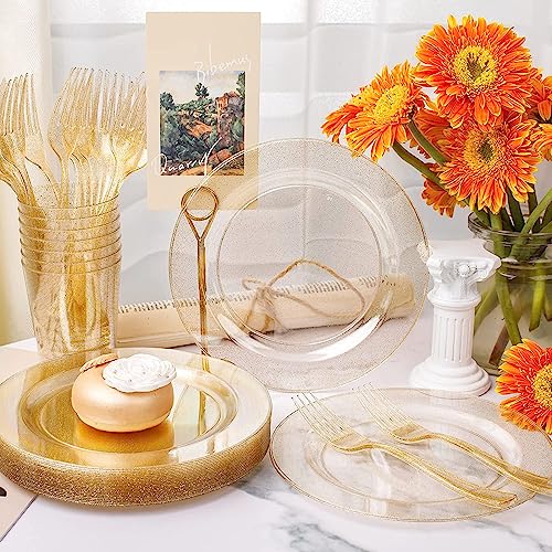 LATERN 150Pcs Multi-Use Gold Glitter Dinnerware Set, 25Pcs Resuable Dinner Plates, 25Pcs Salad Plates, 25Pcs Knives, 25Pcs Mini Forks, 25Pcs Spoons, 25Pcs Cups for Wedding Anniversary Garden Party