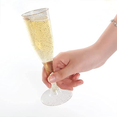 LATERN 54Pcs Plastic Champagne Flutes, 150ml Gold Glitter Champagne Glasses Reusable Stemmed Party Wine Cups for Garden Wedding Anniversary Shower Parties (5 x 17cm)