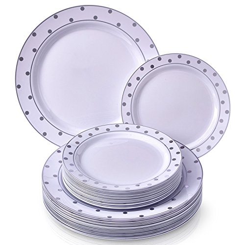 Silver Spoons Fancy 40 PC DINNERWARE Set | 20 Dinner Plates | 20 Side Plates | Heavyweight Dishes | Elegant Fine China Look | for Upscale Wedding and Dining (Dots– White/Silver) 1835-TT