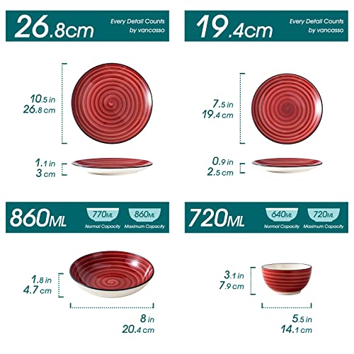 vancasso Bonbon Red Dinner Set- 24 Pieces Stoneware Dinnerware Set, Handpainted Spirals Pattern Ceramic Combination Set with Dinner Plate/Dessert Plate/Pasta Bowl/Deep Bowl, Service for 6