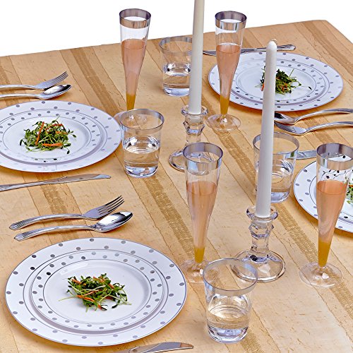 Silver Spoons Fancy 40 PC DINNERWARE Set | 20 Dinner Plates | 20 Side Plates | Heavyweight Dishes | Elegant Fine China Look | for Upscale Wedding and Dining (Dots– White/Silver) 1835-TT