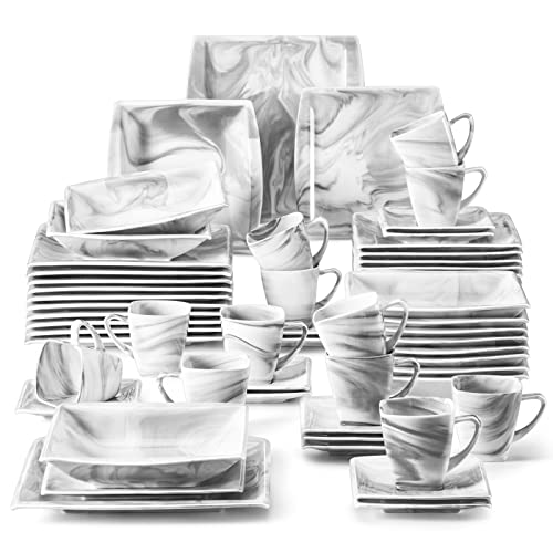 MALACASA Dinner Sets, 60-Piece Square Plates and Bowls Set with 12 Piece Porcelain Dinner Plates/Dessert Plates/Soup Plates/Cup and Saucers, Tableware for 12, Marble Grey, Series Blance