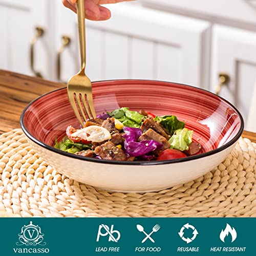 vancasso Bonbon Red Dinner Set- 24 Pieces Stoneware Dinnerware Set, Handpainted Spirals Pattern Ceramic Combination Set with Dinner Plate/Dessert Plate/Pasta Bowl/Deep Bowl, Service for 6