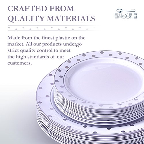 Silver Spoons Fancy 40 PC DINNERWARE Set | 20 Dinner Plates | 20 Side Plates | Heavyweight Dishes | Elegant Fine China Look | for Upscale Wedding and Dining (Dots– White/Silver) 1835-TT