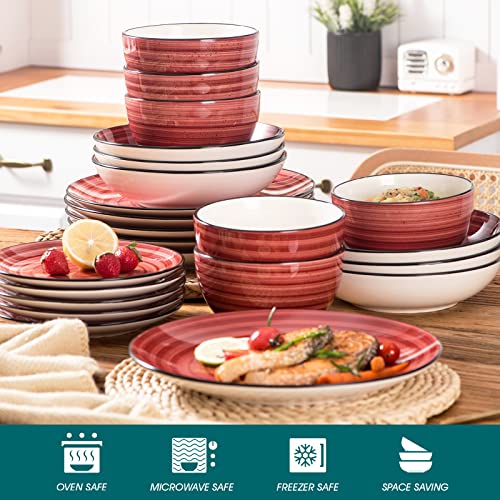 vancasso Bonbon Red Dinner Set- 24 Pieces Stoneware Dinnerware Set, Handpainted Spirals Pattern Ceramic Combination Set with Dinner Plate/Dessert Plate/Pasta Bowl/Deep Bowl, Service for 6
