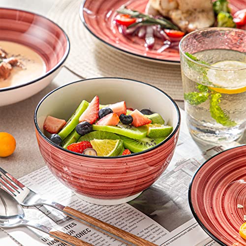 vancasso Bonbon Red Dinner Set- 24 Pieces Stoneware Dinnerware Set, Handpainted Spirals Pattern Ceramic Combination Set with Dinner Plate/Dessert Plate/Pasta Bowl/Deep Bowl, Service for 6