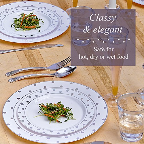 Silver Spoons Fancy 40 PC DINNERWARE Set | 20 Dinner Plates | 20 Side Plates | Heavyweight Dishes | Elegant Fine China Look | for Upscale Wedding and Dining (Dots– White/Silver) 1835-TT