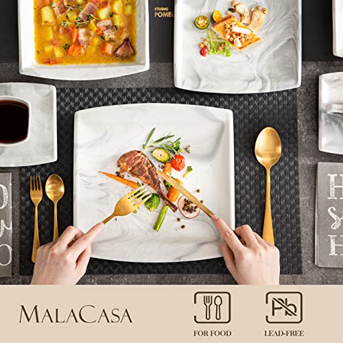 MALACASA Dinner Sets, 60-Piece Square Plates and Bowls Set with 12 Piece Porcelain Dinner Plates/Dessert Plates/Soup Plates/Cup and Saucers, Tableware for 12, Marble Grey, Series Blance