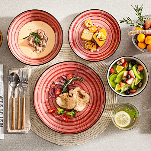 vancasso Bonbon Red Dinner Set- 24 Pieces Stoneware Dinnerware Set, Handpainted Spirals Pattern Ceramic Combination Set with Dinner Plate/Dessert Plate/Pasta Bowl/Deep Bowl, Service for 6