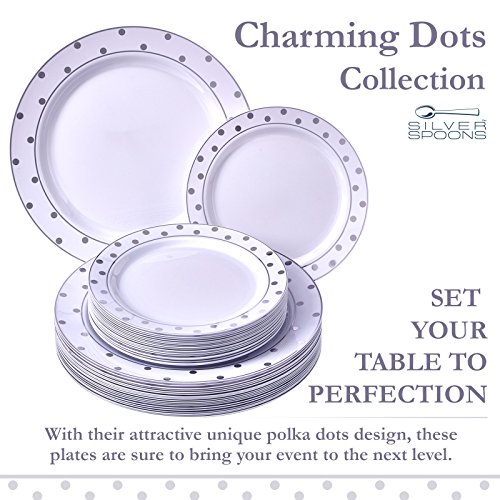Silver Spoons Fancy 40 PC DINNERWARE Set | 20 Dinner Plates | 20 Side Plates | Heavyweight Dishes | Elegant Fine China Look | for Upscale Wedding and Dining (Dots– White/Silver) 1835-TT