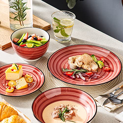 vancasso Bonbon Red Dinner Set- 24 Pieces Stoneware Dinnerware Set, Handpainted Spirals Pattern Ceramic Combination Set with Dinner Plate/Dessert Plate/Pasta Bowl/Deep Bowl, Service for 6