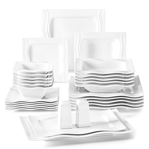 MALACASA, Series Mario, 28-Piece Ivory White Porcelain Dinner Set with 6-Piece Bowls 6-Piece Dessert Plates 6-Piece Soup Plates 6-Piece Dinner Plates One Salt Shaker Set 2-Piece Rectangular Plates