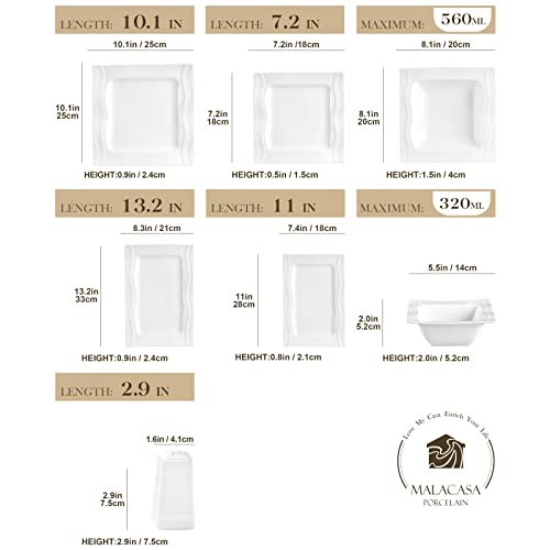 MALACASA, Series Mario, 28-Piece Ivory White Porcelain Dinner Set with 6-Piece Bowls 6-Piece Dessert Plates 6-Piece Soup Plates 6-Piece Dinner Plates One Salt Shaker Set 2-Piece Rectangular Plates