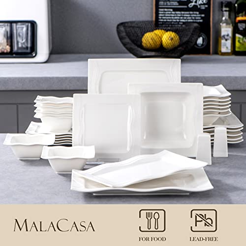 MALACASA, Series Mario, 28-Piece Ivory White Porcelain Dinner Set with 6-Piece Bowls 6-Piece Dessert Plates 6-Piece Soup Plates 6-Piece Dinner Plates One Salt Shaker Set 2-Piece Rectangular Plates
