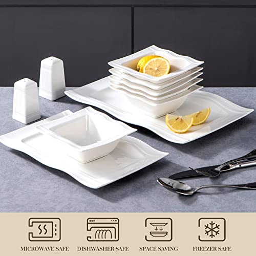 MALACASA, Series Mario, 28-Piece Ivory White Porcelain Dinner Set with 6-Piece Bowls 6-Piece Dessert Plates 6-Piece Soup Plates 6-Piece Dinner Plates One Salt Shaker Set 2-Piece Rectangular Plates