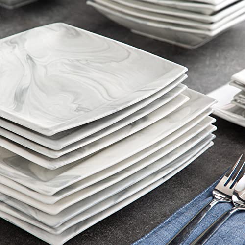 MALACASA Dinner Sets, 60-Piece Square Plates and Bowls Set with 12 Piece Porcelain Dinner Plates/Dessert Plates/Soup Plates/Cup and Saucers, Tableware for 12, Marble Grey, Series Blance