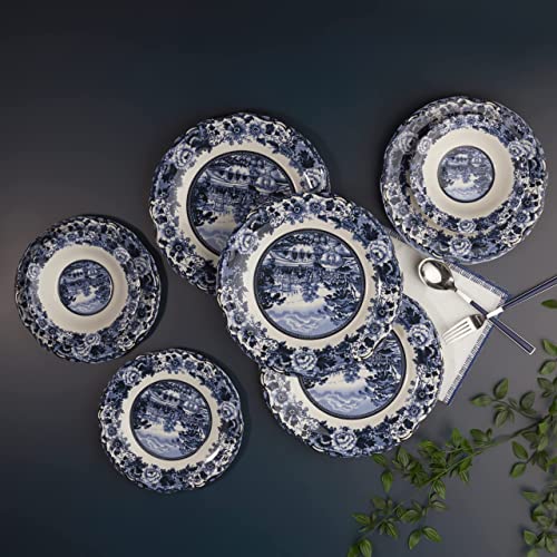 KARACA New Blue Odyssey Dinnerware Set of 6, 24-Pieces Stoneware Crockery Set, Glaze Coating White-Blue Aesthetic, Stylish Patterns, Stoneware Dinner Set, Soup and Dessert, Salad Bowls, Kitchen Plates