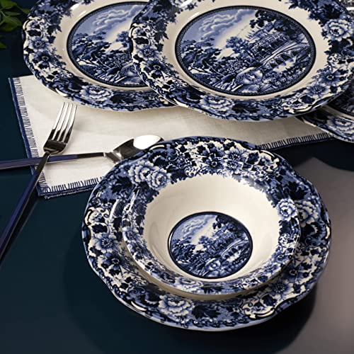 KARACA New Blue Odyssey Dinnerware Set of 6, 24-Pieces Stoneware Crockery Set, Glaze Coating White-Blue Aesthetic, Stylish Patterns, Stoneware Dinner Set, Soup and Dessert, Salad Bowls, Kitchen Plates