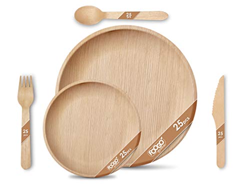FOOGO Green 125pcs Disposable Palm Leaf Plates and Wooden Cutlery Set, 25 Large Round Plates, 25 Small Side Plates, 25 Spoons, 25 Forks, 25 Knives, Party Wedding Plates, Eco Friendly Biodegradable