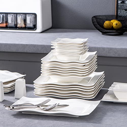 MALACASA, Series Mario, 28-Piece Ivory White Porcelain Dinner Set with 6-Piece Bowls 6-Piece Dessert Plates 6-Piece Soup Plates 6-Piece Dinner Plates One Salt Shaker Set 2-Piece Rectangular Plates