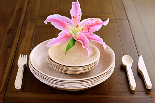 FOOGO Green 125pcs Disposable Palm Leaf Plates and Wooden Cutlery Set, 25 Large Round Plates, 25 Small Side Plates, 25 Spoons, 25 Forks, 25 Knives, Party Wedding Plates, Eco Friendly Biodegradable