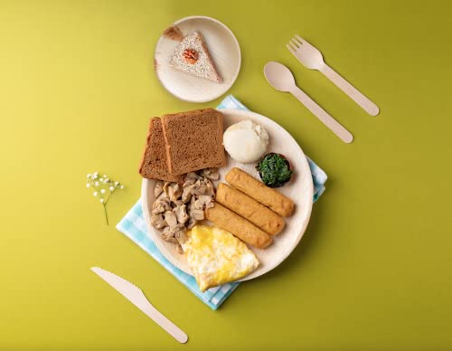 FOOGO Green 125pcs Disposable Palm Leaf Plates and Wooden Cutlery Set, 25 Large Round Plates, 25 Small Side Plates, 25 Spoons, 25 Forks, 25 Knives, Party Wedding Plates, Eco Friendly Biodegradable