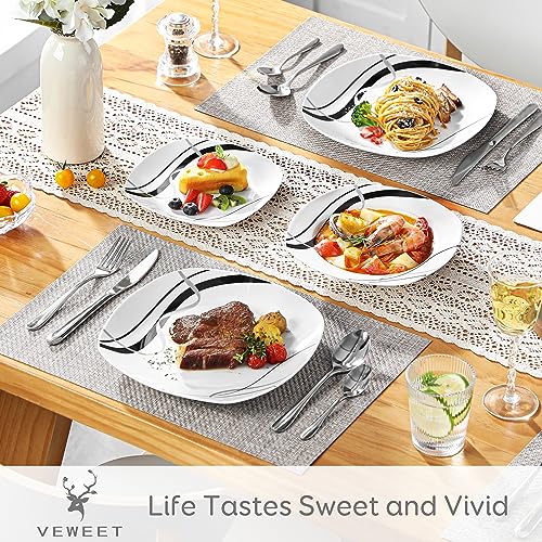 VEWEET 'Fiona' 18-Piece Dinner Set Porcelain Ivory White Black Lines Dinnerware Set of 6 * 9.75" Dinner Plate, 6 * 7.5" Dessert Plate, 6 * 8.5" Soup Plate, Service for 6