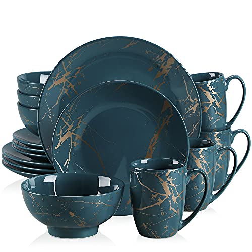 LOVECASA, Series Sweet, 16 Pieces Porcelain Dinner Set Color Glaze with Gold Plate Crockery Set Kitchen Dinnerware Set with Dinner Plates, Dessert Plate, Bowls and Mugs, Service for 4, Dark Green