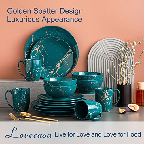 LOVECASA, Series Sweet, 16 Pieces Porcelain Dinner Set Color Glaze with Gold Plate Crockery Set Kitchen Dinnerware Set with Dinner Plates, Dessert Plate, Bowls and Mugs, Service for 4, Dark Green