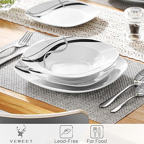 VEWEET 'Fiona' 18-Piece Dinner Set Porcelain Ivory White Black Lines Dinnerware Set of 6 * 9.75" Dinner Plate, 6 * 7.5" Dessert Plate, 6 * 8.5" Soup Plate, Service for 6