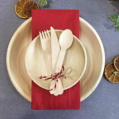 FOOGO Green 125pcs Disposable Palm Leaf Plates and Wooden Cutlery Set, 25 Large Round Plates, 25 Small Side Plates, 25 Spoons, 25 Forks, 25 Knives, Party Wedding Plates, Eco Friendly Biodegradable