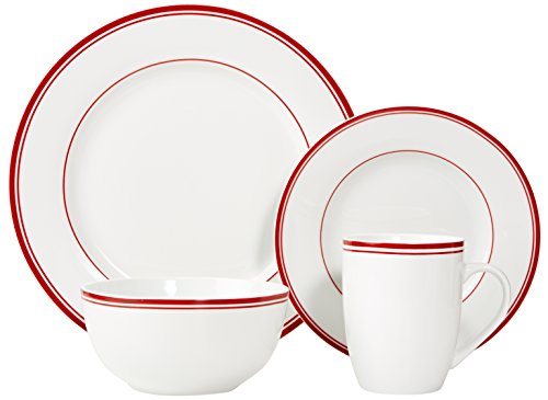 Amazon Basics Cafe Stripe Dinnerware Set with 16-Pieces - Red