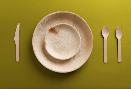 FOOGO Green 125pcs Disposable Palm Leaf Plates and Wooden Cutlery Set, 25 Large Round Plates, 25 Small Side Plates, 25 Spoons, 25 Forks, 25 Knives, Party Wedding Plates, Eco Friendly Biodegradable