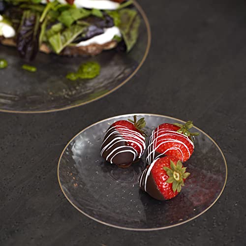 STACKABLES 20 Pcs Clear Round Plates ~ 6" Hammered Plate with Gold Rim ~ Lightweight Reusable Dinnerware Plates for Receptions Weddings Parties Banquets Events & Table Decoration