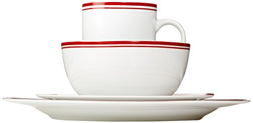 Amazon Basics Cafe Stripe Dinnerware Set with 16-Pieces - Red
