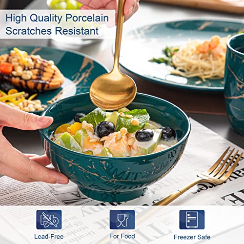 LOVECASA, Series Sweet, 16 Pieces Porcelain Dinner Set Color Glaze with Gold Plate Crockery Set Kitchen Dinnerware Set with Dinner Plates, Dessert Plate, Bowls and Mugs, Service for 4, Dark Green