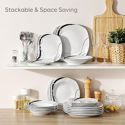 VEWEET 'Fiona' 18-Piece Dinner Set Porcelain Ivory White Black Lines Dinnerware Set of 6 * 9.75" Dinner Plate, 6 * 7.5" Dessert Plate, 6 * 8.5" Soup Plate, Service for 6