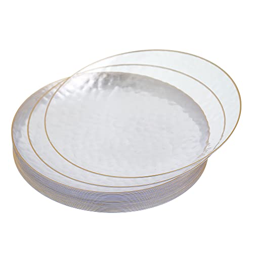 STACKABLES 20 Pcs Clear Round Plates ~ 6" Hammered Plate with Gold Rim ~ Lightweight Reusable Dinnerware Plates for Receptions Weddings Parties Banquets Events & Table Decoration