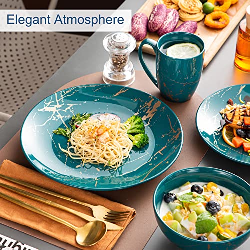 LOVECASA, Series Sweet, 16 Pieces Porcelain Dinner Set Color Glaze with Gold Plate Crockery Set Kitchen Dinnerware Set with Dinner Plates, Dessert Plate, Bowls and Mugs, Service for 4, Dark Green