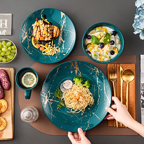 LOVECASA, Series Sweet, 16 Pieces Porcelain Dinner Set Color Glaze with Gold Plate Crockery Set Kitchen Dinnerware Set with Dinner Plates, Dessert Plate, Bowls and Mugs, Service for 4, Dark Green