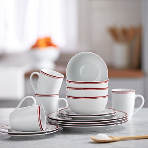 Amazon Basics Cafe Stripe Dinnerware Set with 16-Pieces - Red