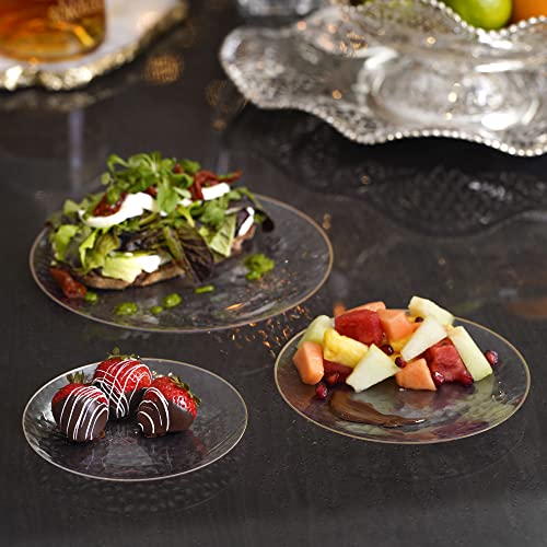 STACKABLES 20 Pcs Clear Round Plates ~ 6" Hammered Plate with Gold Rim ~ Lightweight Reusable Dinnerware Plates for Receptions Weddings Parties Banquets Events & Table Decoration