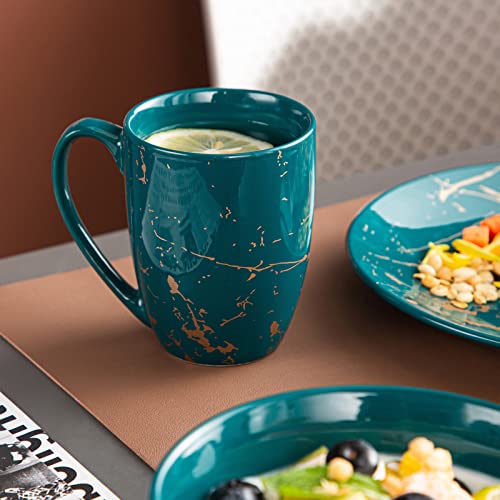 LOVECASA, Series Sweet, 16 Pieces Porcelain Dinner Set Color Glaze with Gold Plate Crockery Set Kitchen Dinnerware Set with Dinner Plates, Dessert Plate, Bowls and Mugs, Service for 4, Dark Green