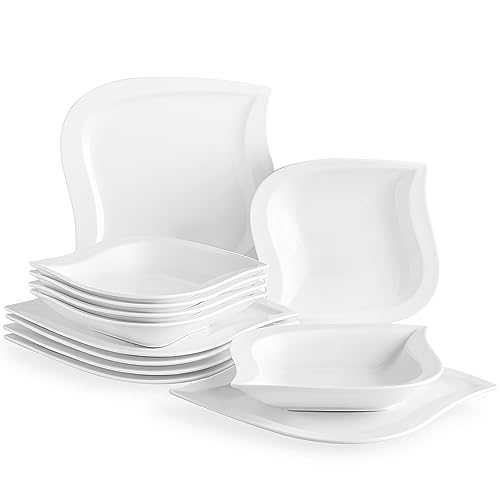 MALACASA Plates and Bowls Set, 12-Piece Dinner Sets Tableware with 6-Piece Porcelain Dinner Plates and 6-Piece Soup Plates, Plate Set for 6, Series Elvira, Ivory White