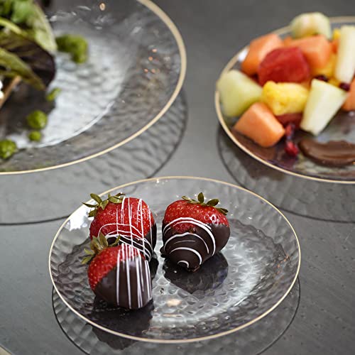 STACKABLES 20 Pcs Clear Round Plates ~ 6" Hammered Plate with Gold Rim ~ Lightweight Reusable Dinnerware Plates for Receptions Weddings Parties Banquets Events & Table Decoration