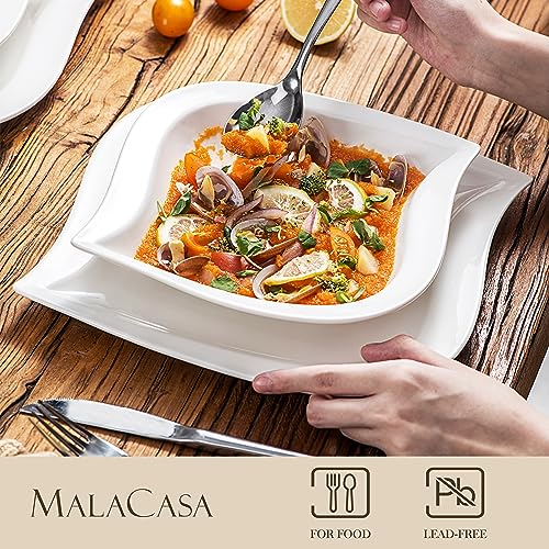 MALACASA Plates and Bowls Set, 12-Piece Dinner Sets Tableware with 6-Piece Porcelain Dinner Plates and 6-Piece Soup Plates, Plate Set for 6, Series Elvira, Ivory White