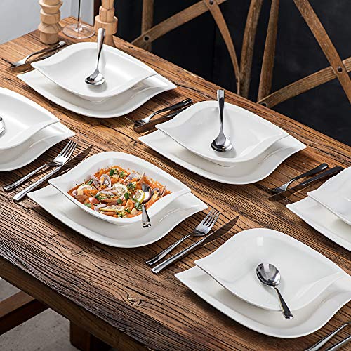 MALACASA Plates and Bowls Set, 12-Piece Dinner Sets Tableware with 6-Piece Porcelain Dinner Plates and 6-Piece Soup Plates, Plate Set for 6, Series Elvira, Ivory White